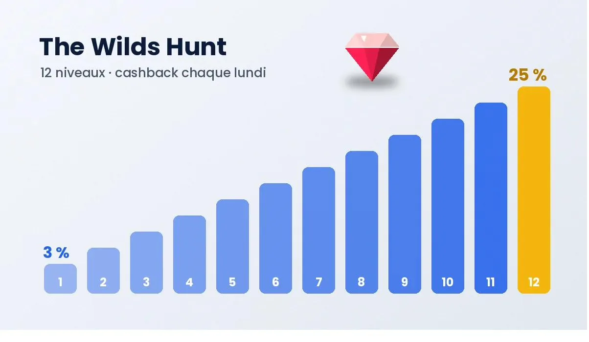 Progression des paliers du programme The Wilds Hunt de Shiny Wilds jusqu'à 25 % de cashback